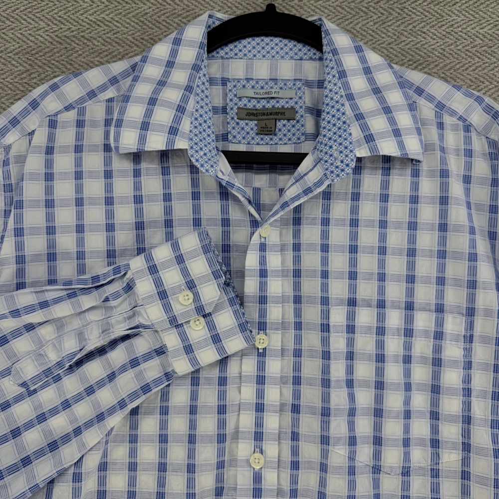 Johnston & Murphy Button Down Shirt Large Blue White Plaid Cotton Tailored Fit